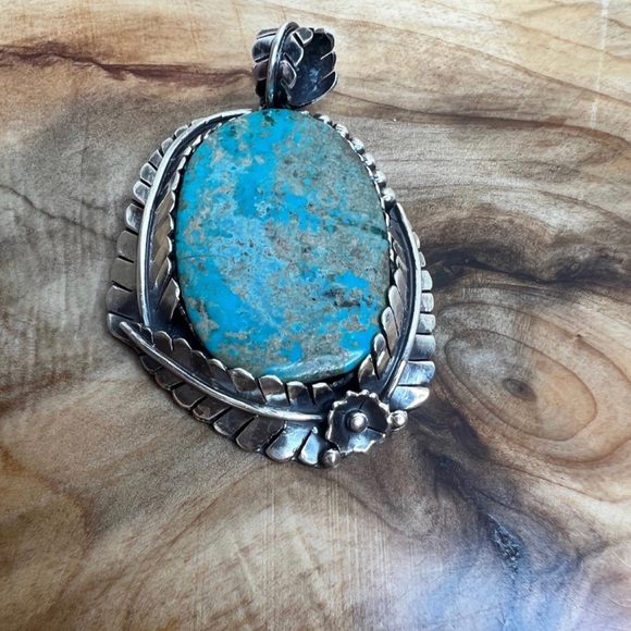 Boho South Western Fern Leaf Sterling Silver & Turquoise Large Pendant 🌿 - Picture 7 of 13